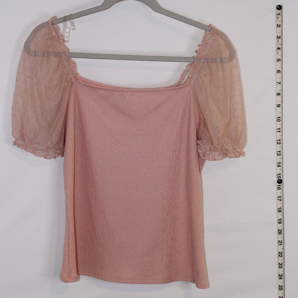 Evolutionary light pink‎ square neck short sheer puffed sleeve cropped blouse L